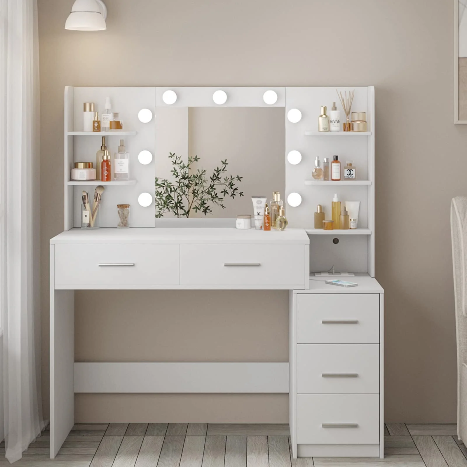 Makeup Vanity with Mirror and Lights,3 Lighting Colors,Bedroom Vanity Table with Charging Station,White Make Up Desk with 5 Drawers Storage and Open Shelves(White) Image 7