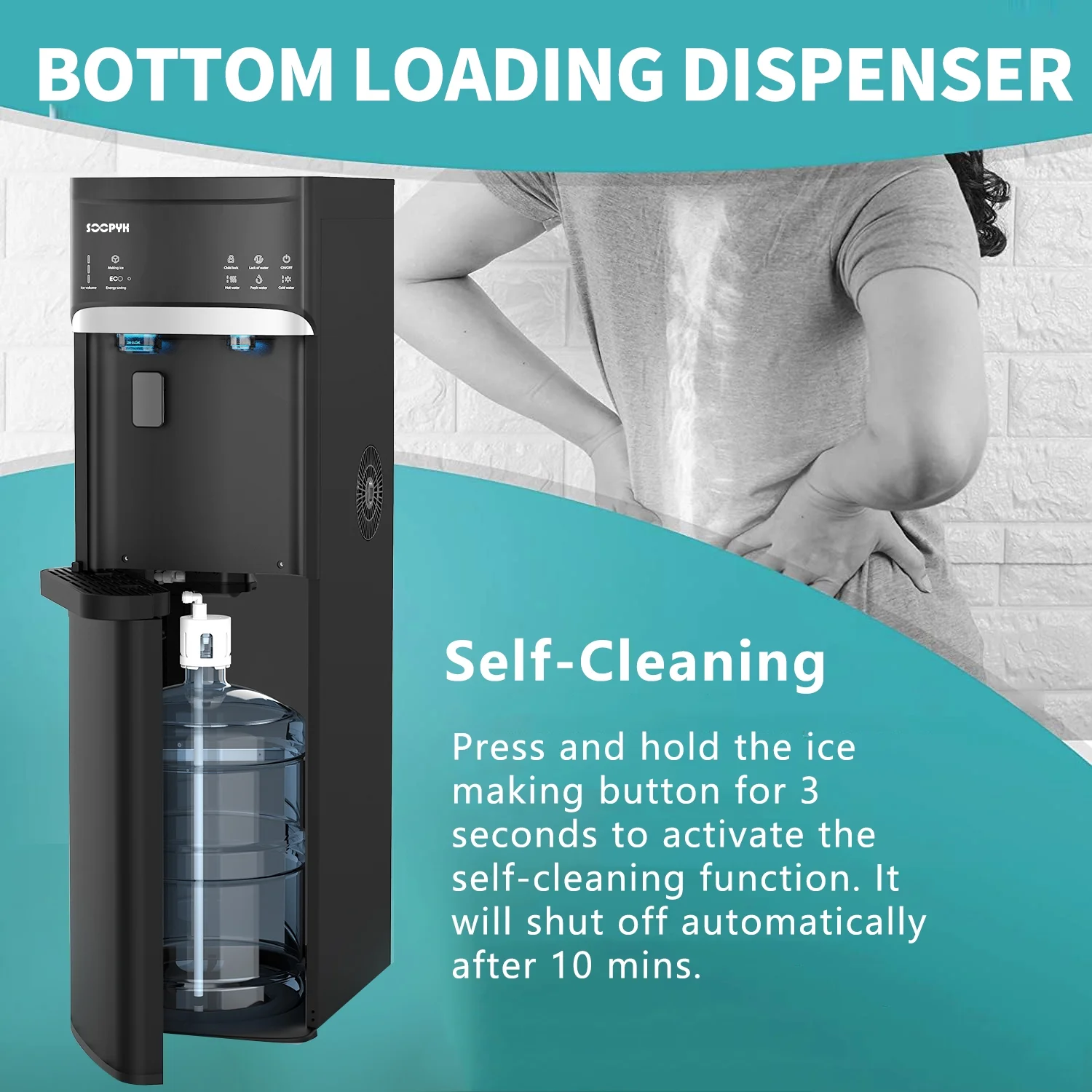 3 in 1 Hot and Cold Water Dispenser with Ice Maker Bottom Load for 3 or 5 Gallon Bottle 22lbs Daily Capacity Bullet-Shaped Ice, Black(Black) - Image 7