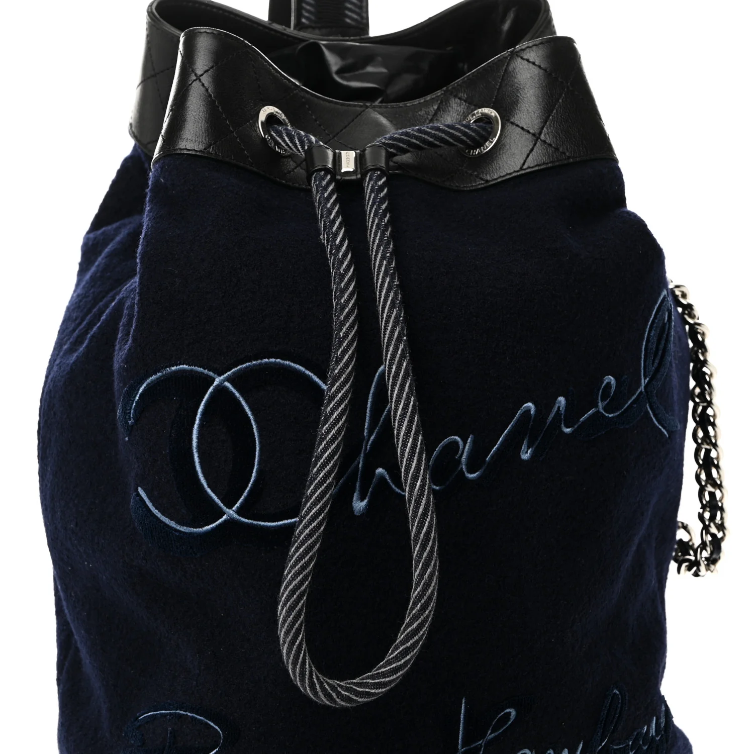 Wool Calfskin Embroidered Paris Hamburg Drawstring Backpack Navy Blue