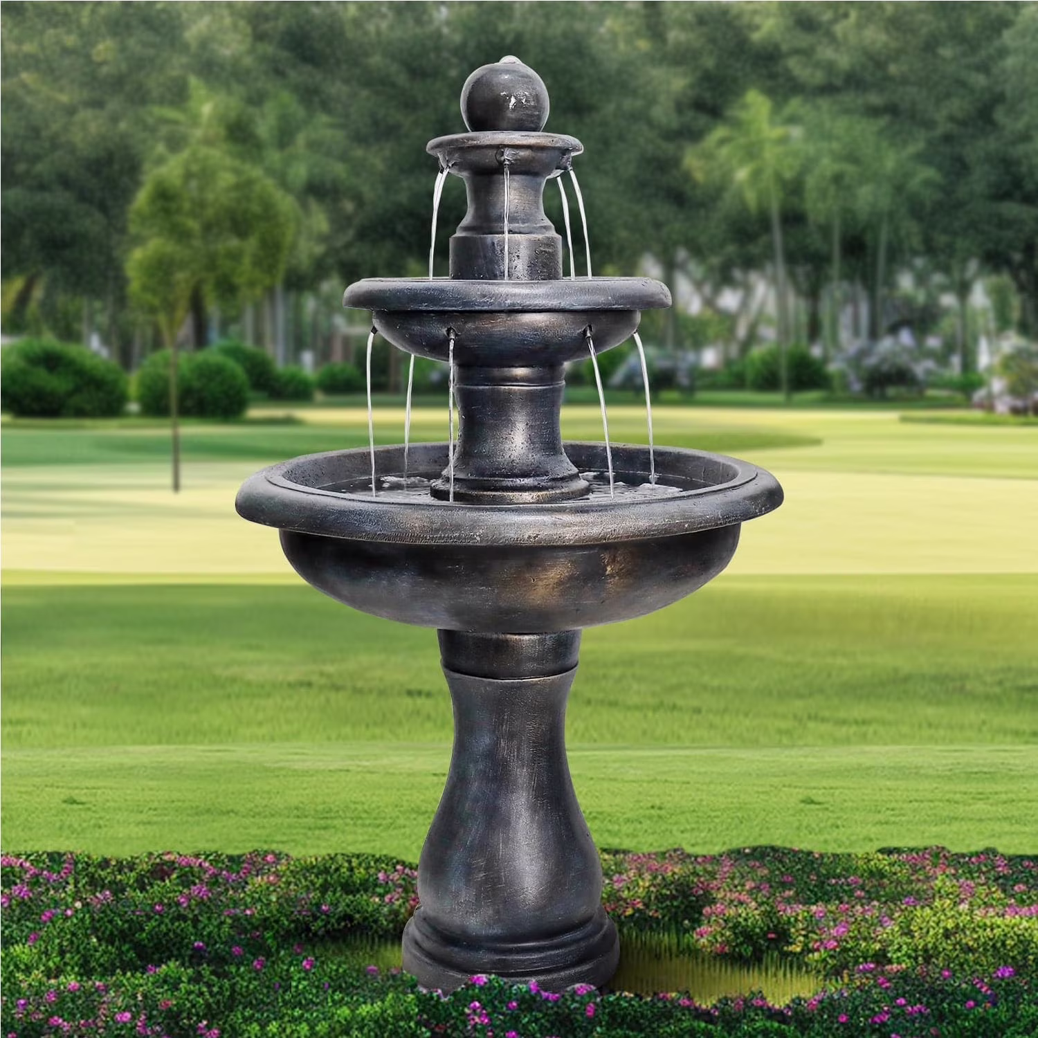 48�?H Outdoor Floor Water Fountain, 3-Tiers Concrete Water Fountain with Submersible Electric Pump Garden Cascading Waterfall for Yard Patio Lawn Home Decor(Brown 1) - Image 3
