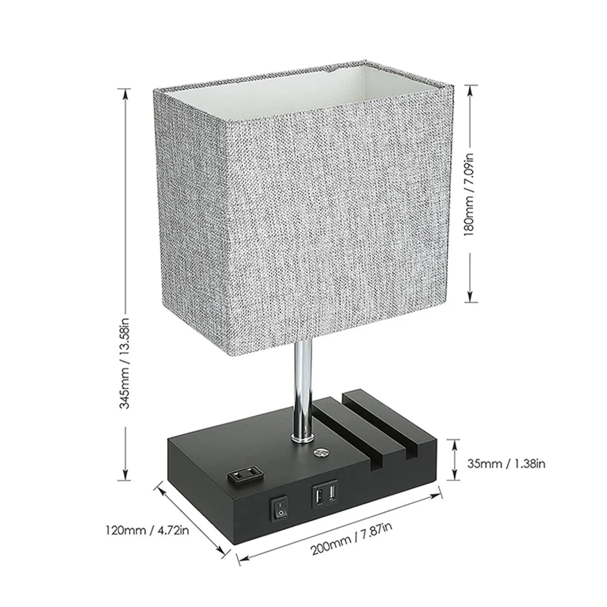 Touch Control Table Lamp with 2 USB Charging Ports, 1 AC Outlets and 2 Phone Stands, Modern USB Desk Lamp with Black Wooden Base and Grey Shade Suitable for Bedroom, Living Room Image 8