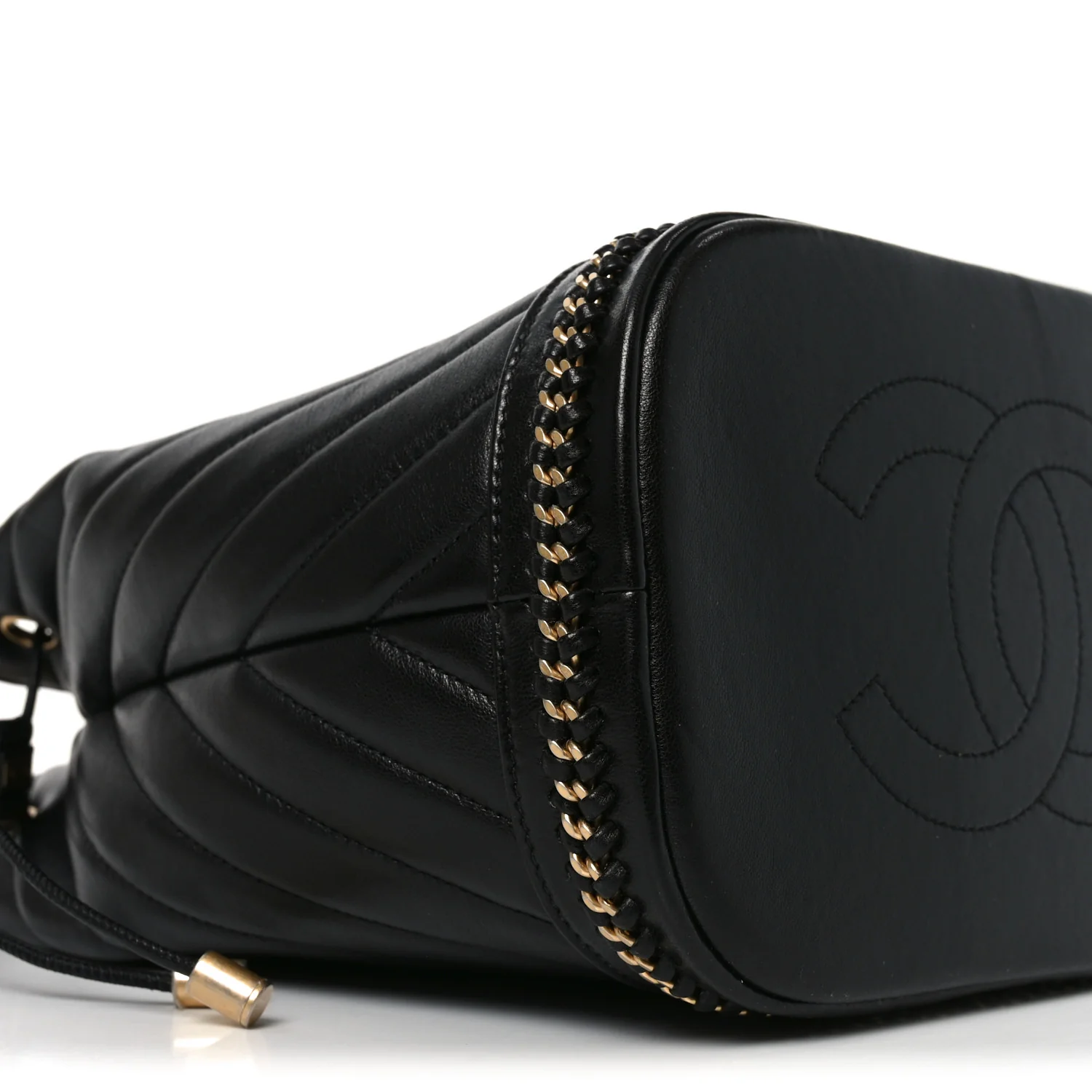 Sheepskin Chevron Quilted Drawstring Bag Black
