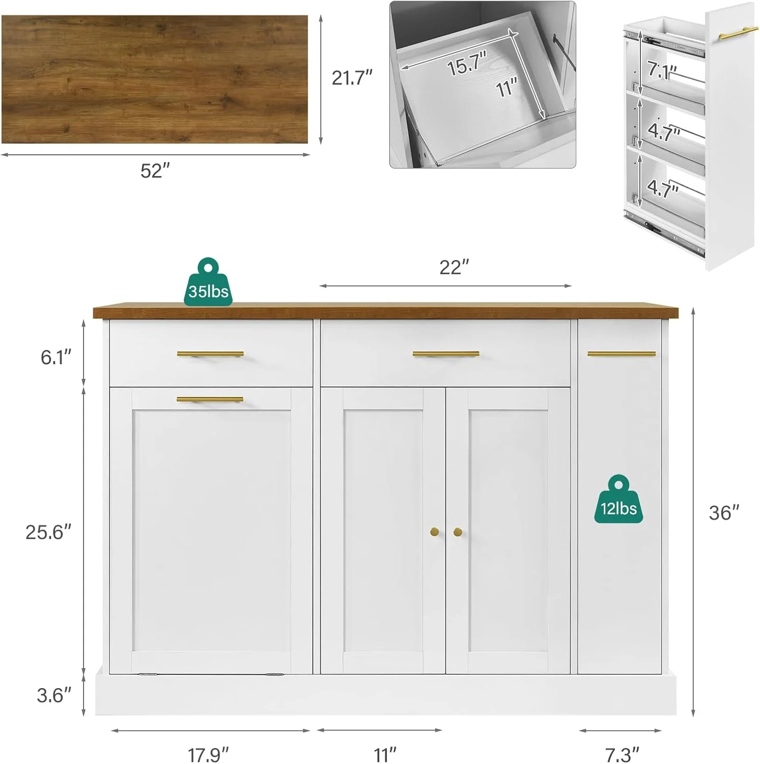 52" Kitchen Island with Storage, Rolling Kitchen Cart Island with Wheels, Tilt Out Kitchen Trash Cabinet 10 Gallon Storage, 3 Large Spice Racks and 2 Drawers, White(White) Image 10