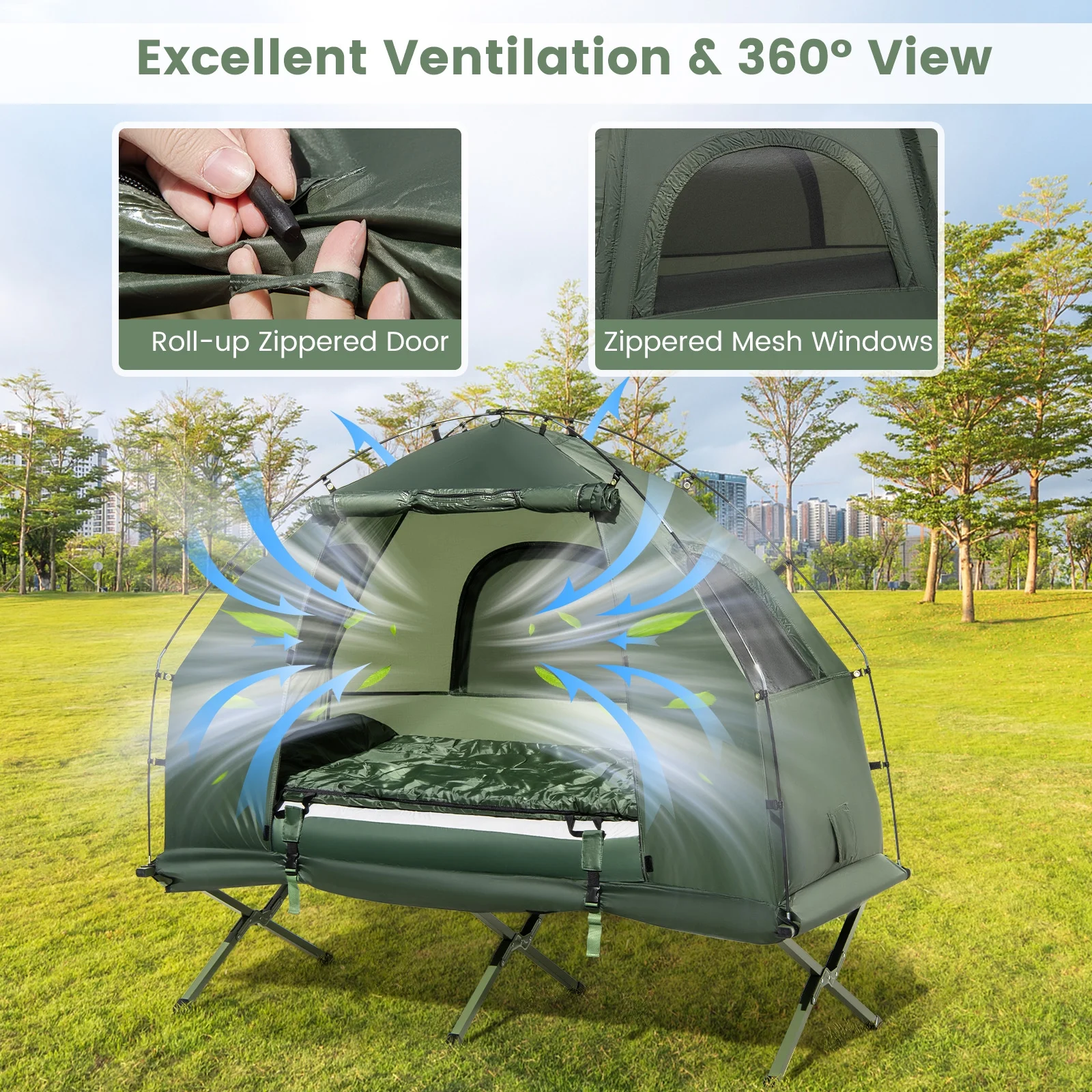 1-Person Waterproof Camping Tent Cot with Air Mattress, Pillow, Sleeping Bag - Image 6