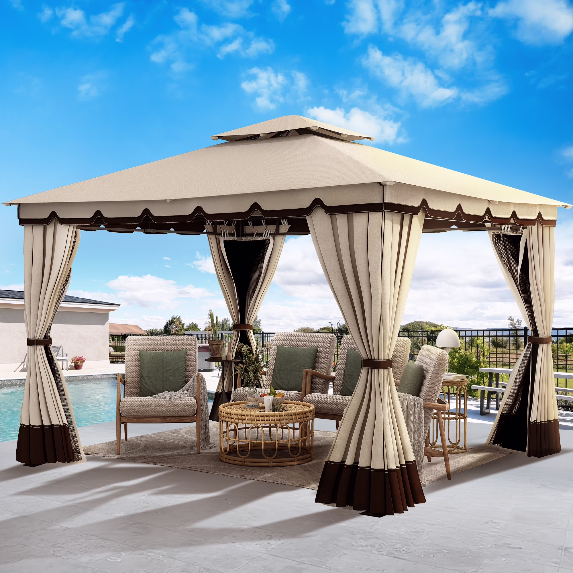 Dextrus 10' x 12' Outdoor Gazebo for Patios, Double Roof Softtop Canopy Gazebo with Mosquito Netting and Curtains, Soft Fabric Top Garden Winds Tent for Lawn, Garden, Backyard and Deck