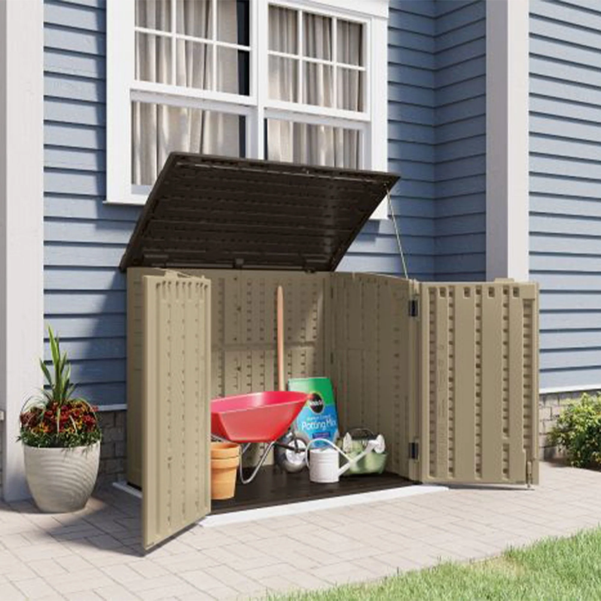 Suncast 34 Cubic ft Horizontal Compact Outdoor Storage Shed, Sand(Brown) Image 9