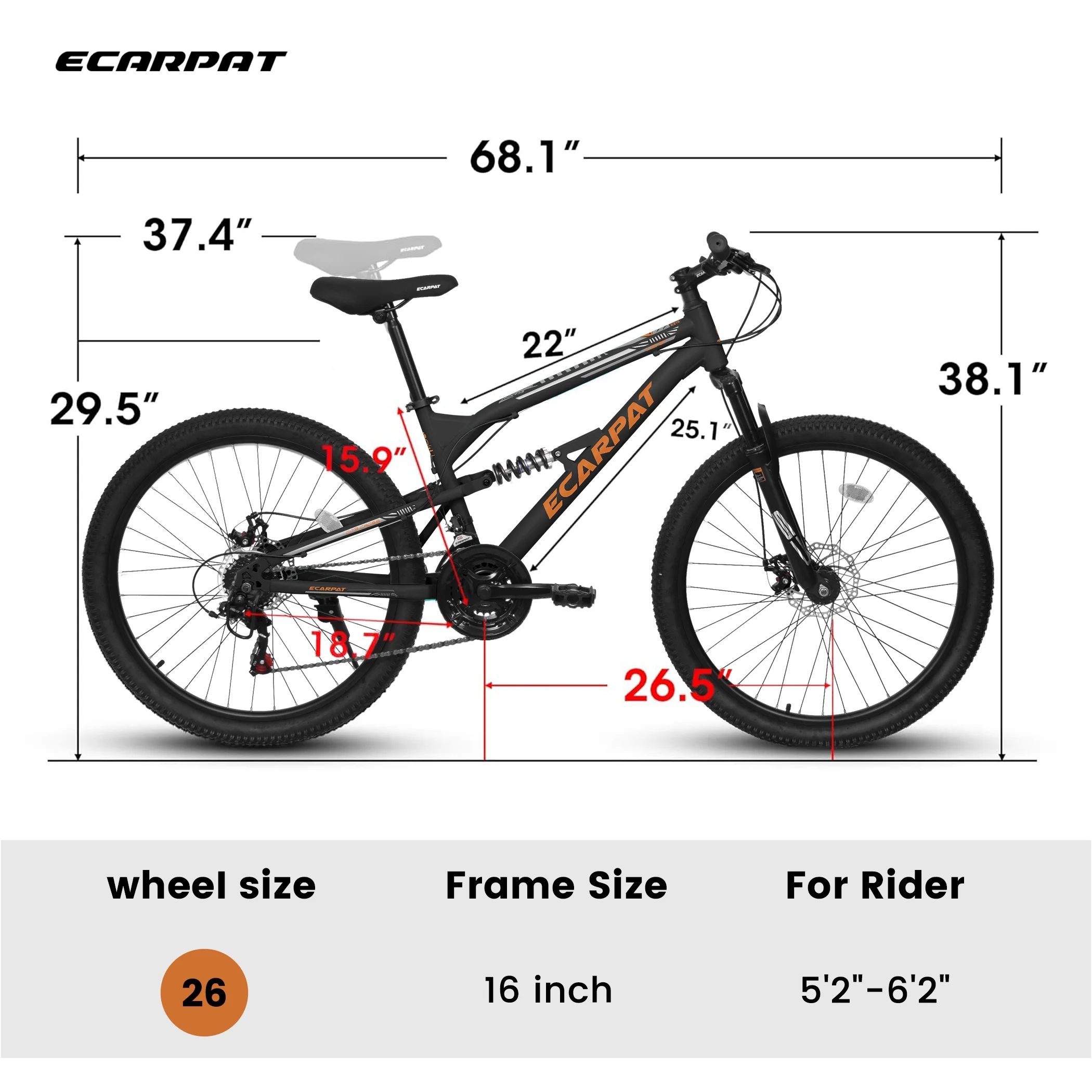 26 Inch Mountain Bike, Dual Full Suspension 21-Speed Disc Brakes Thumb Shifter, Carbon Steel Frame Mountain Bike, Mens Womens Trail Commuter City Bicycles(Black-Orange/26") - Image 10