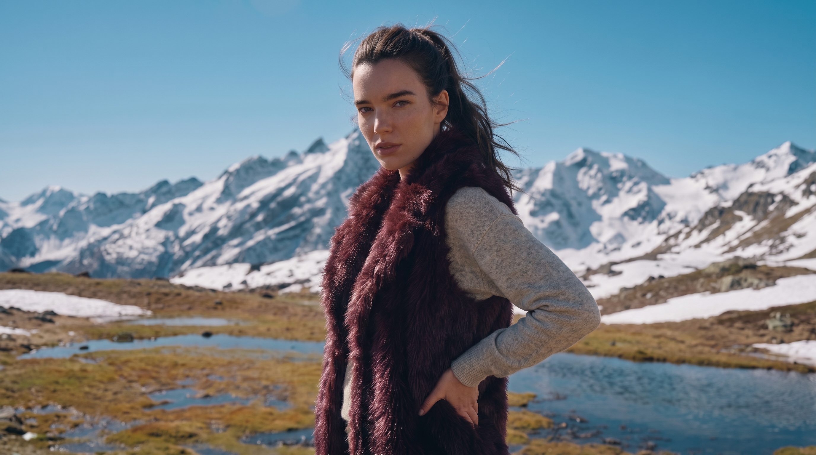Stanetco woman wearing a burgundy faux fur vest in snowy mountains