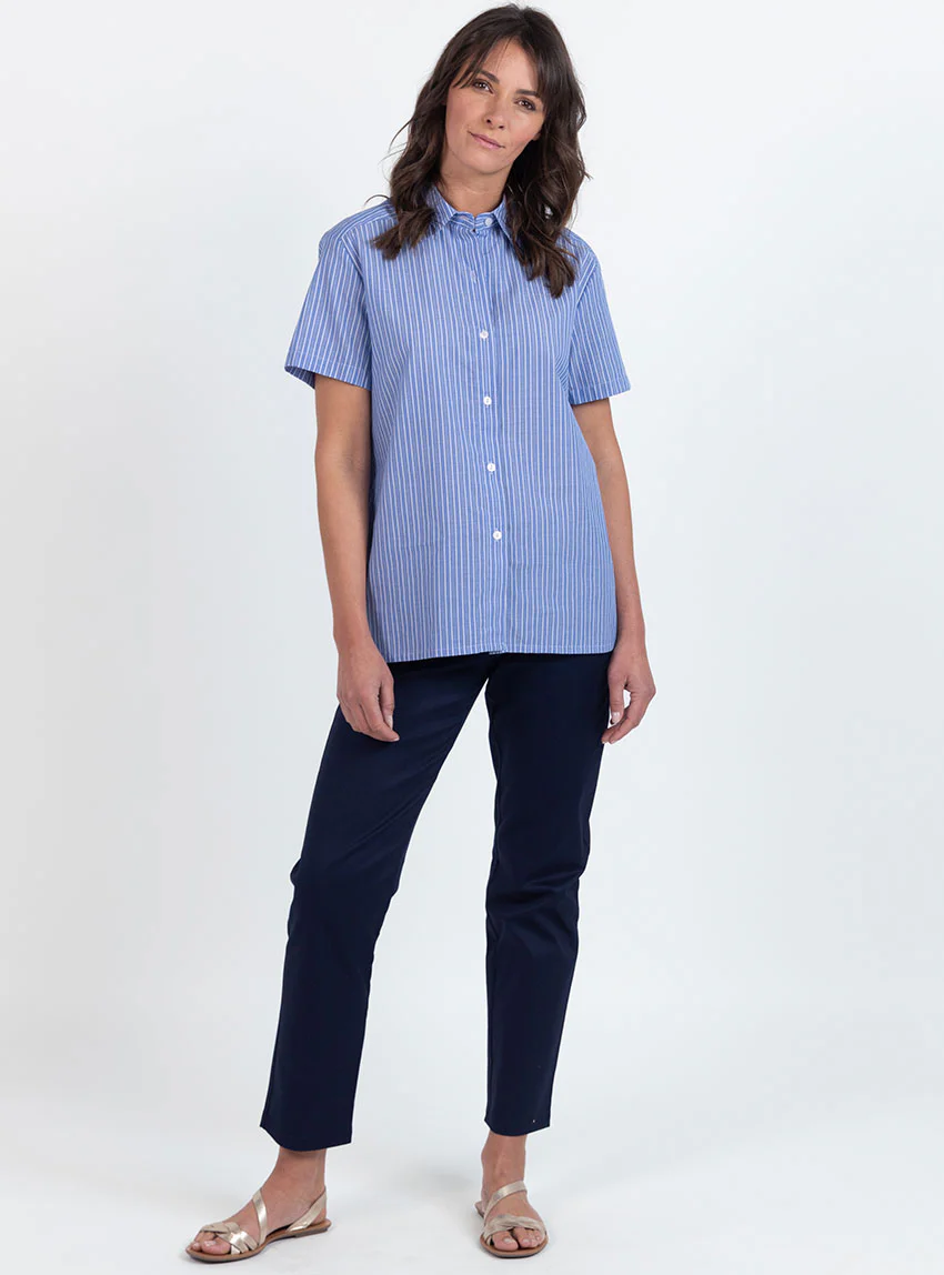 Chemisier en coton rayé bleu jean