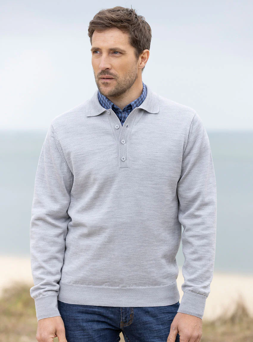 Pull homme col polo en laine gris givré