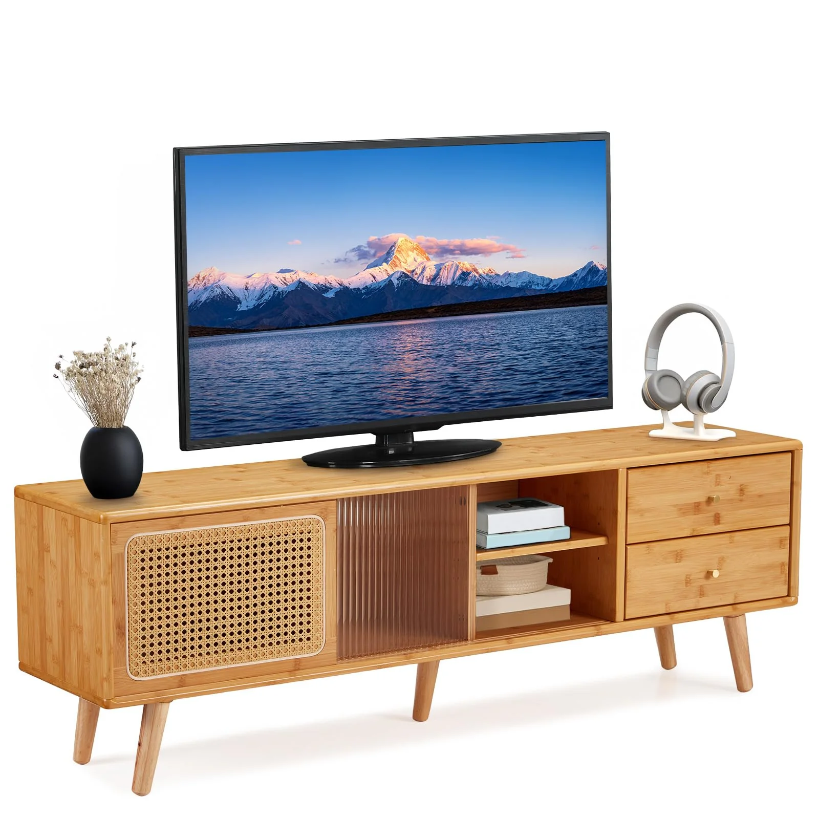 AECOJOY Rattan Boho TV Stand for TVs up to 65 inch, Entertainment Center with Rattan Door, Height-Adjustable Shelves & 4 Cabinets & Drawers