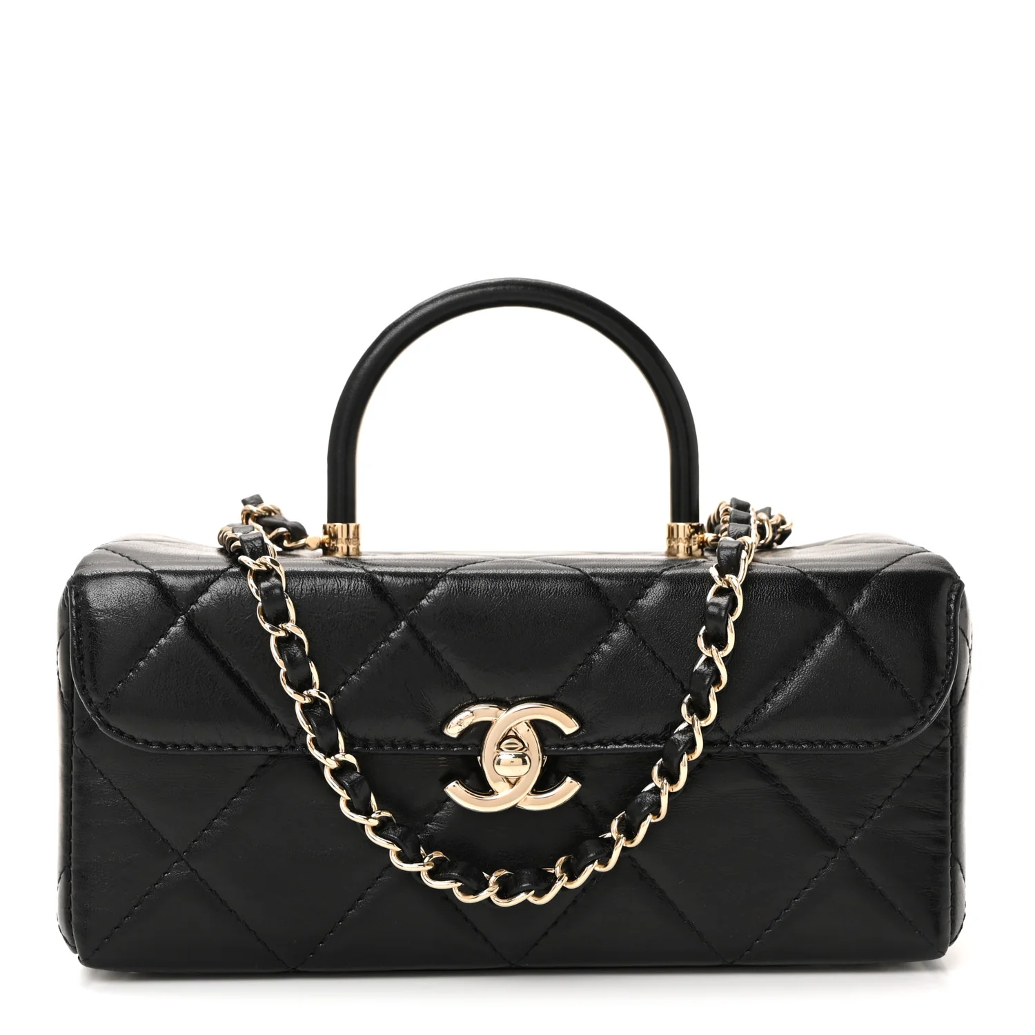 Shiny Calfskin Quilted Top Handle Box Bag Black