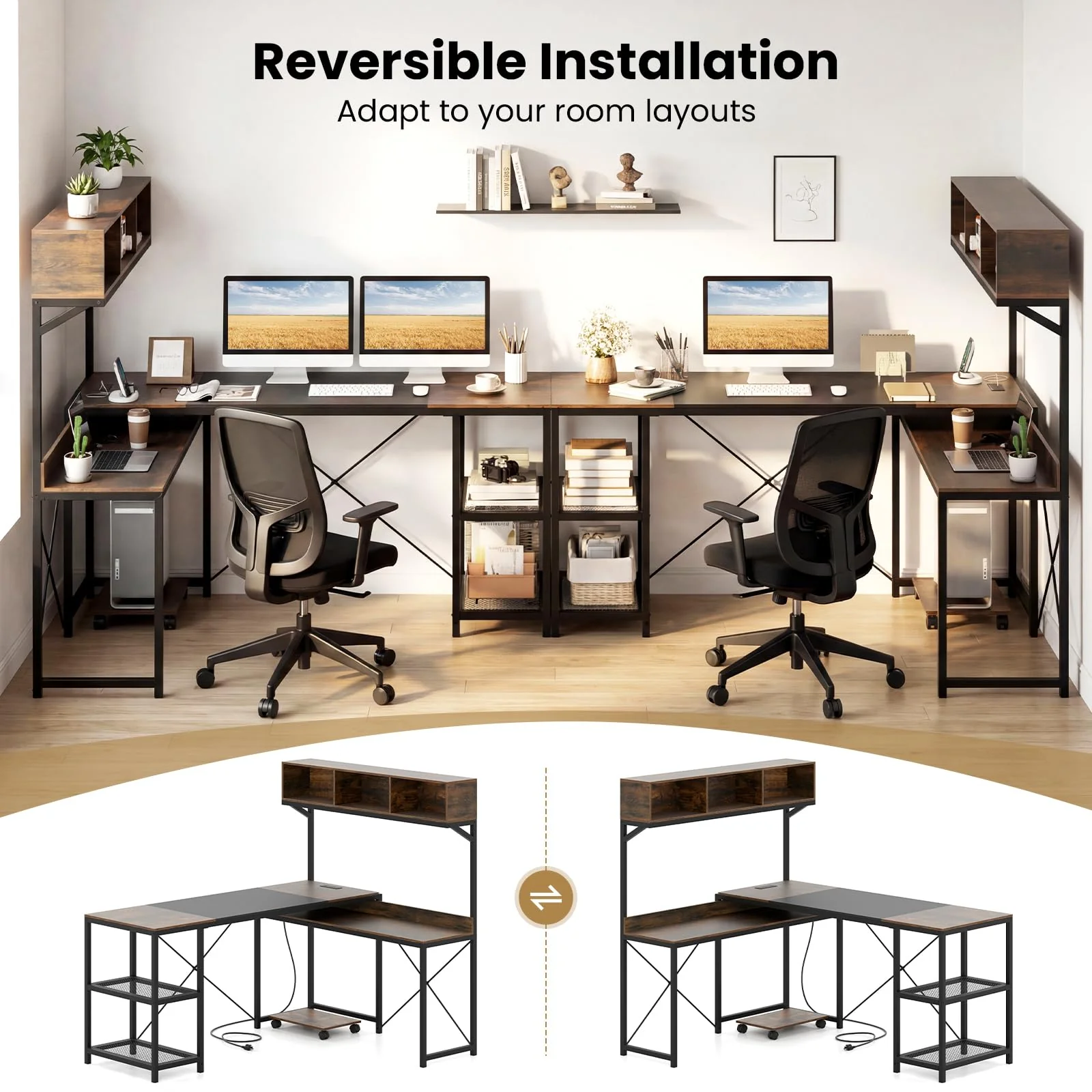 Tangkula L-Shaped Computer Desk with Power Outlets