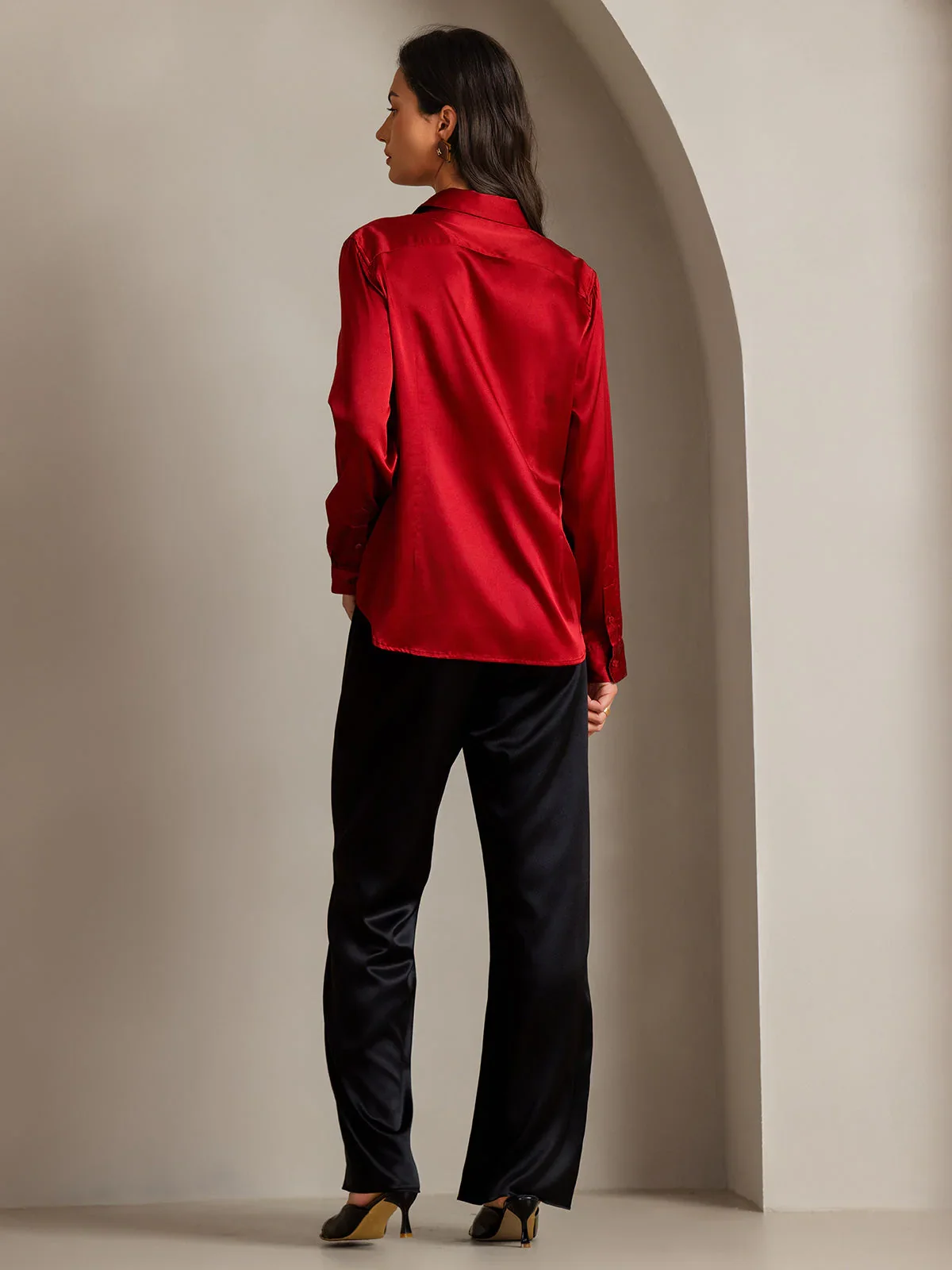 19Momme Silk Long Sleeve Lapel Collar Women's Shirt with Button Up Design