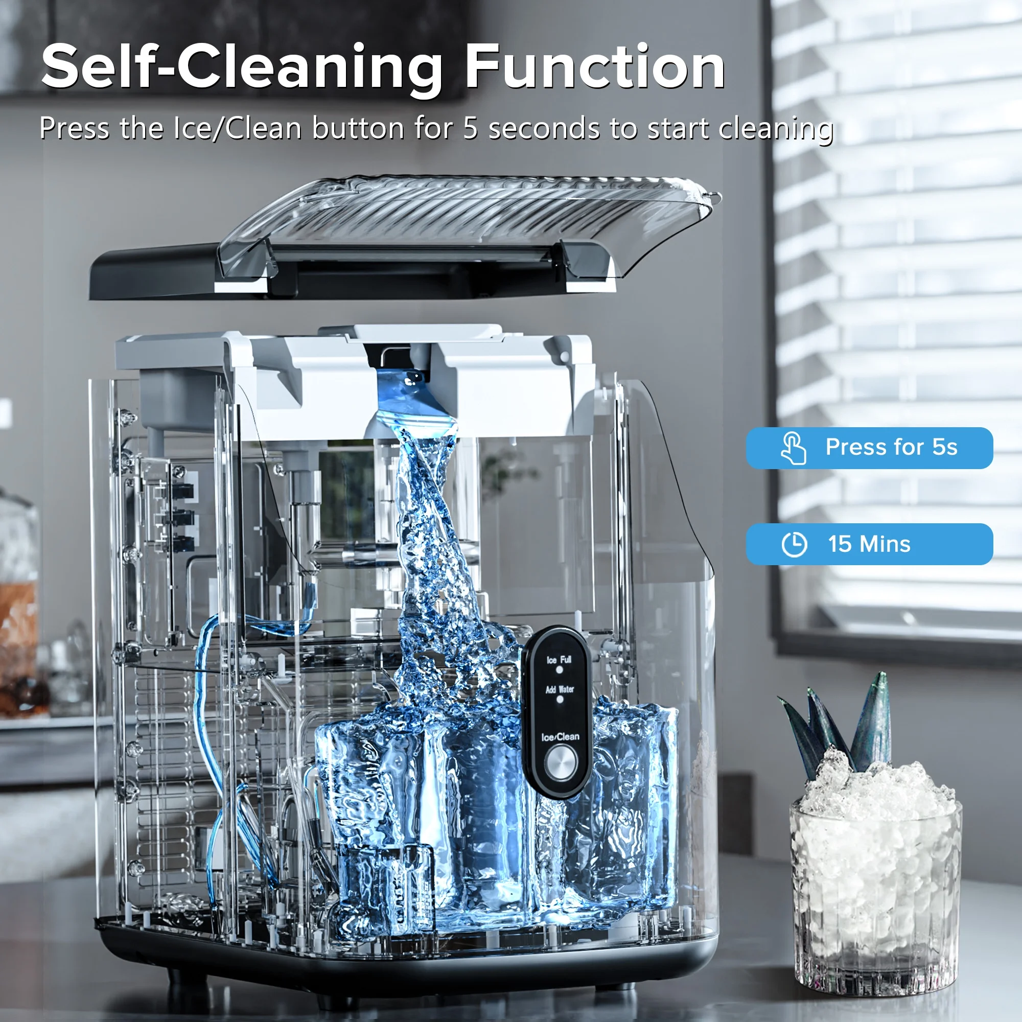 Nugget Ice Maker Countertop, Pebble Ice Maker Machine with 35lbs/24H Soft Ice, Self Cleaning, for Home/Kitchen/Office (Black)(Black) Image 5