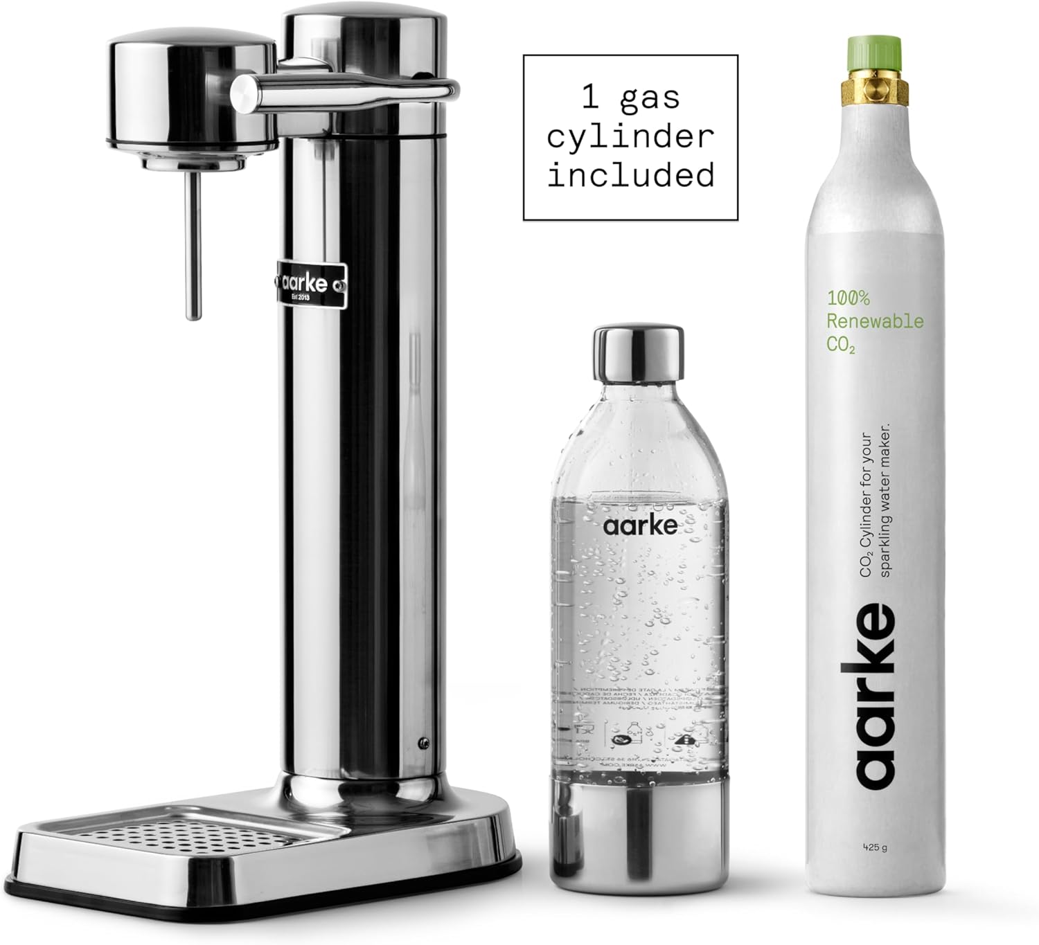 Aarke Carbonator lll with CO2 Cylinder, Sparkling & Carbonation Water Machine, Stainless Steel with PET BPA-Free Reusable Bottle Volume 1L/34 fl oz (Stainless Steel)