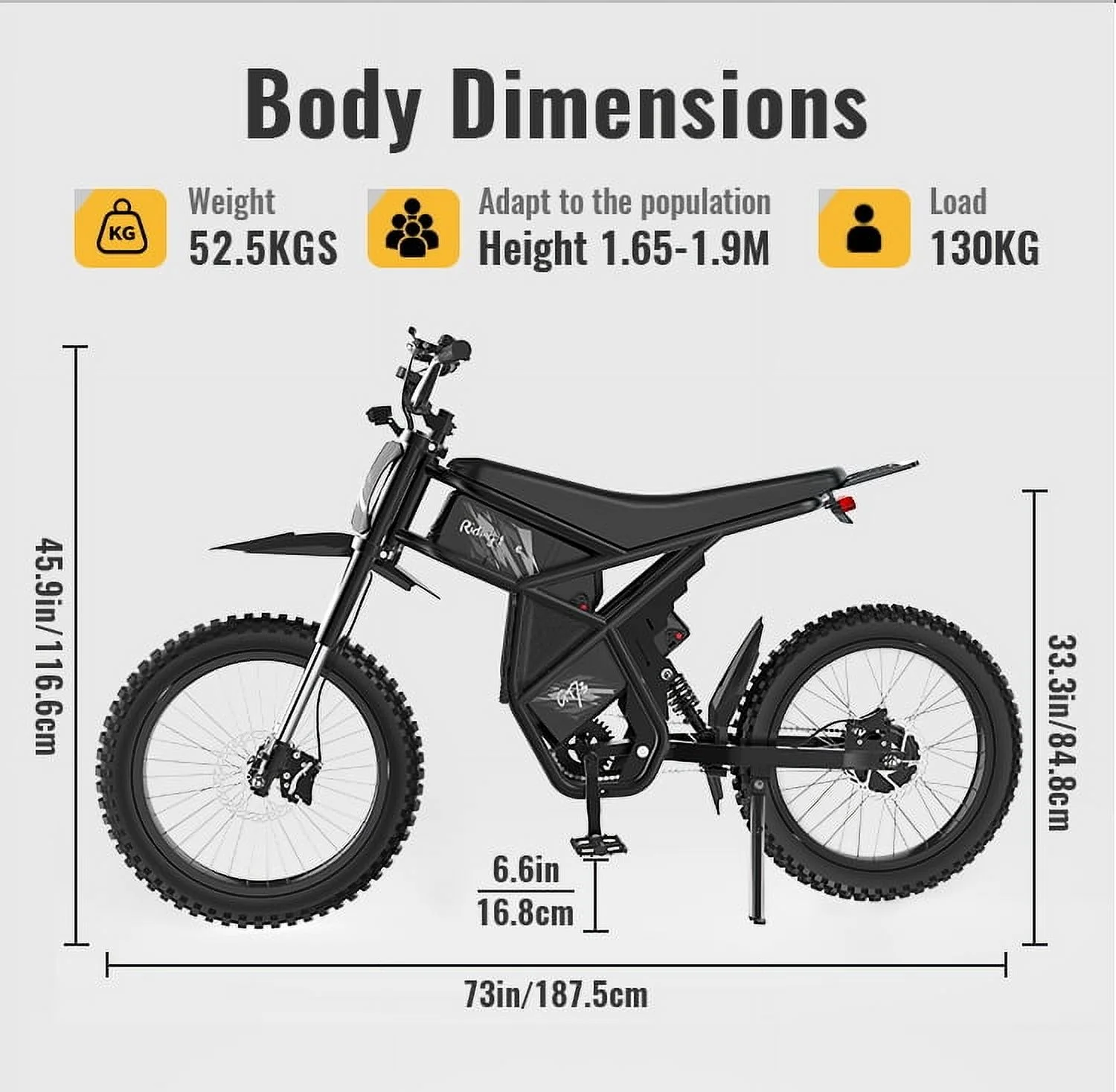 2000W Electric Dirt Bike for Adults GT73 UL2849,Brushless Hub Motor,18.2AH*2 Electric Bike with 25\" tires digital screen Carbon Steel,Black(GT73 37Mph 2400W) - Image 10