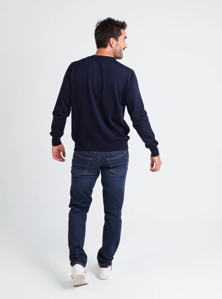 Pull homme col rond laine merinos Bleu Marine