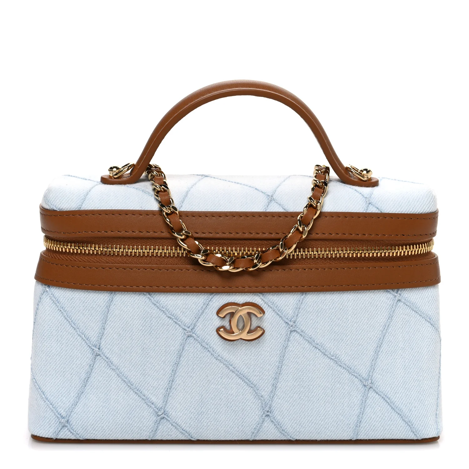 Washed Denim Calfskin Quilted Top Handle Slim Vanity Case With Chain Blue Brown