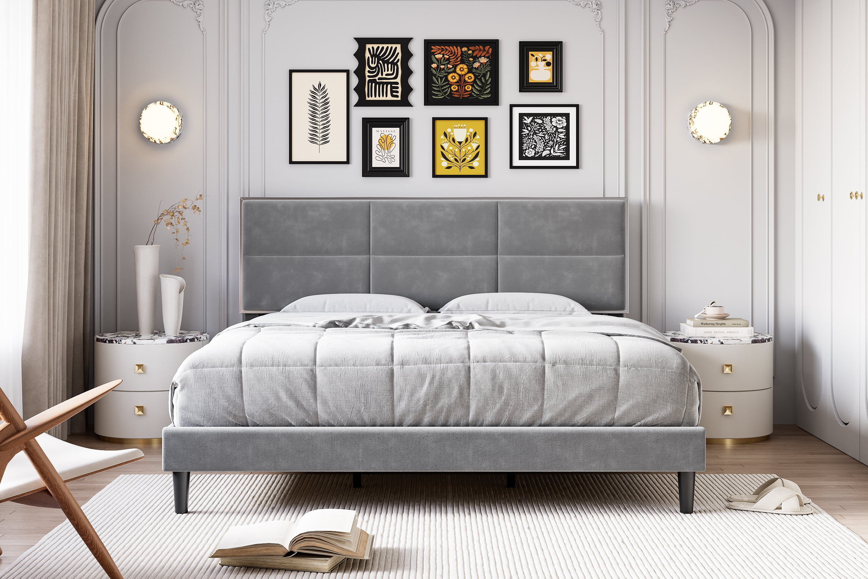 King Size Bed Frame Upholstered Platform, Bed Frame with Square Velvet Headboard, Wooden Slats Support, Non-Slip and Noise-Free, No Box Spring Needed, Easy Assembly(Light Gray)(King/Light Gray) - Image 6