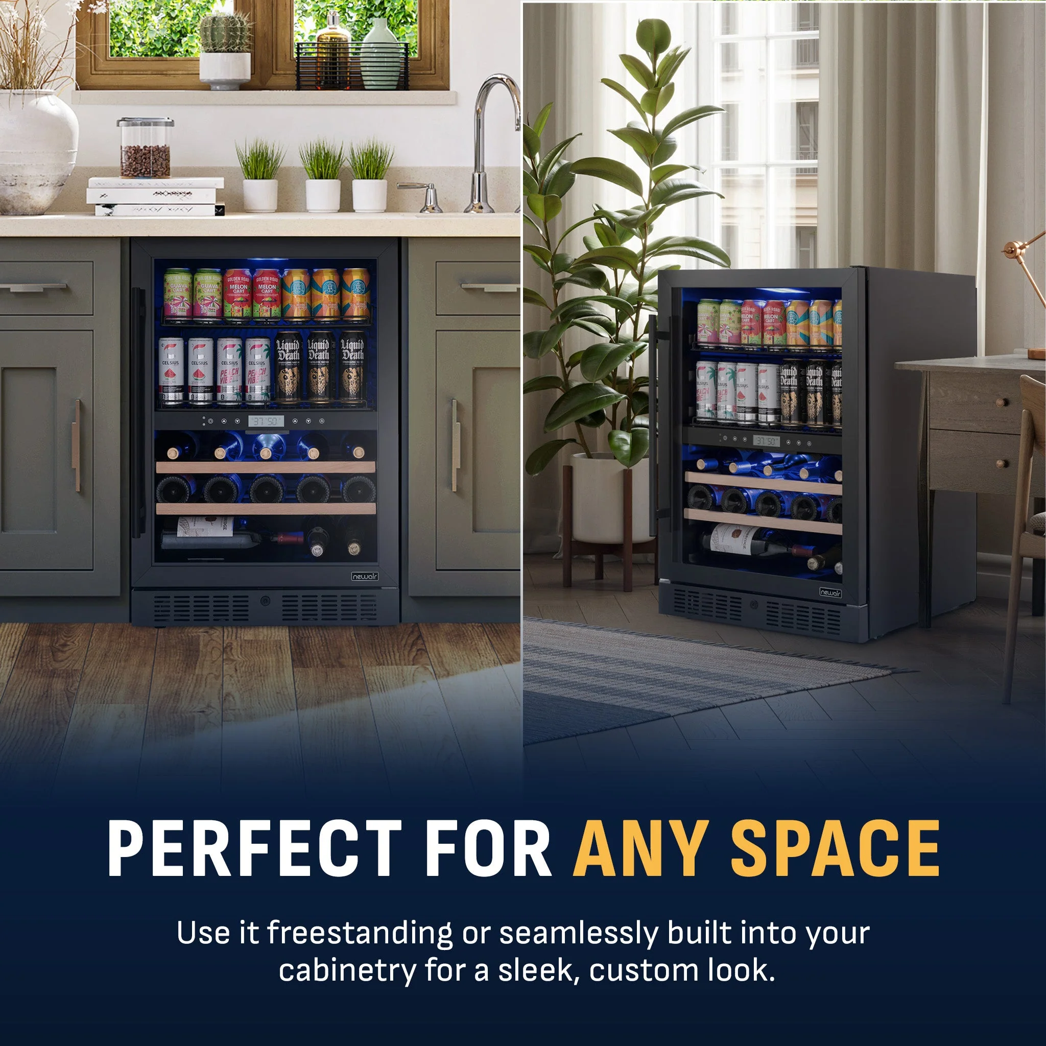 Newair 100-Can, 24-Bottle Built-in Dual Zone Black Beverage Fridge - 24