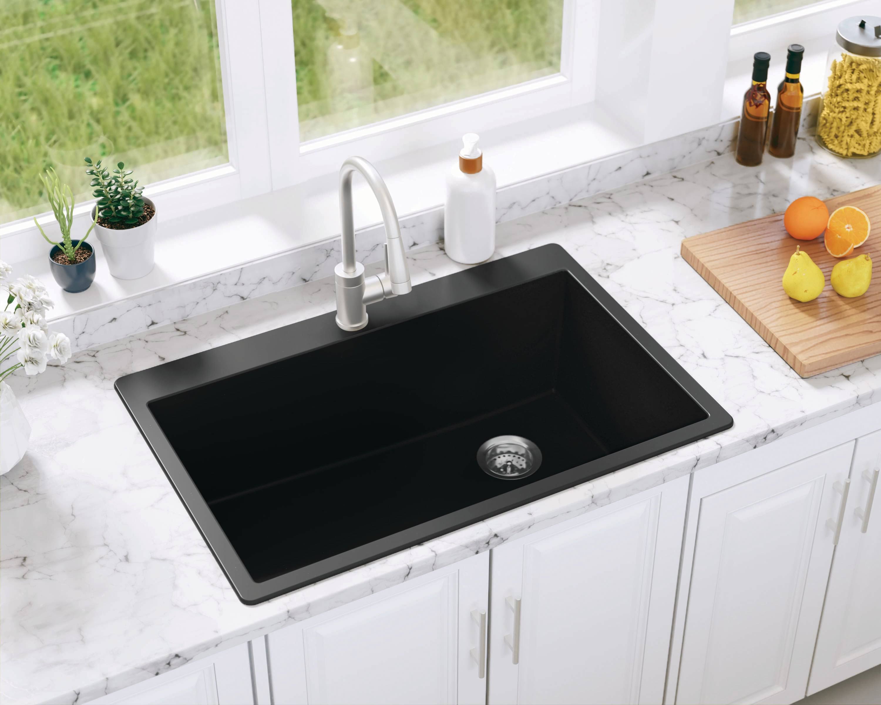 Allen + Roth DeForest Collection Dual-Mount 33-in x 22-in Nero Granite Single Bowl 5-Hole Kitchen Sink in Black | SIGN100XLDM13