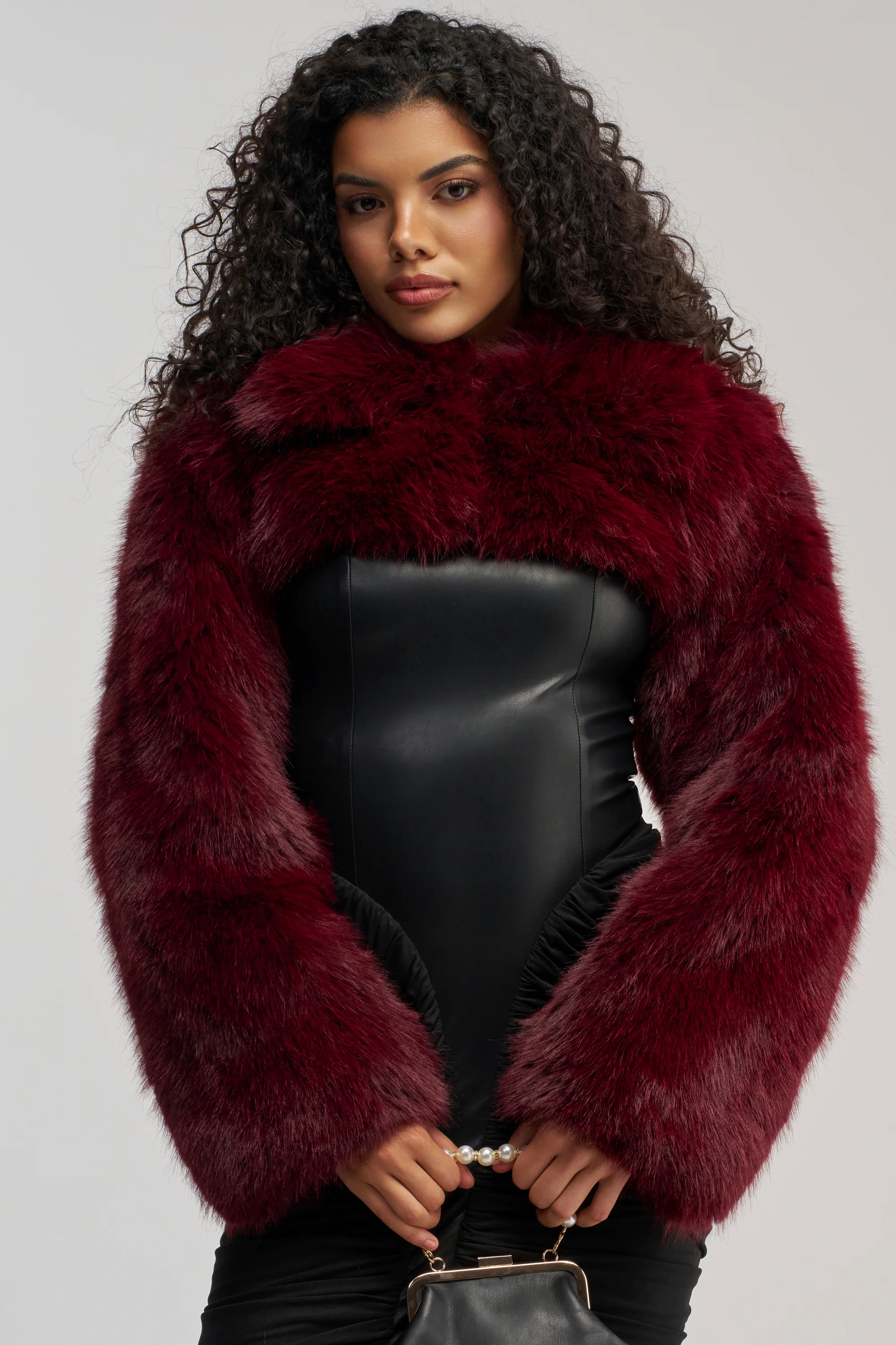 LEILA ULTRA CROP FAUX FUR IN BURGUNDY - Akira Store