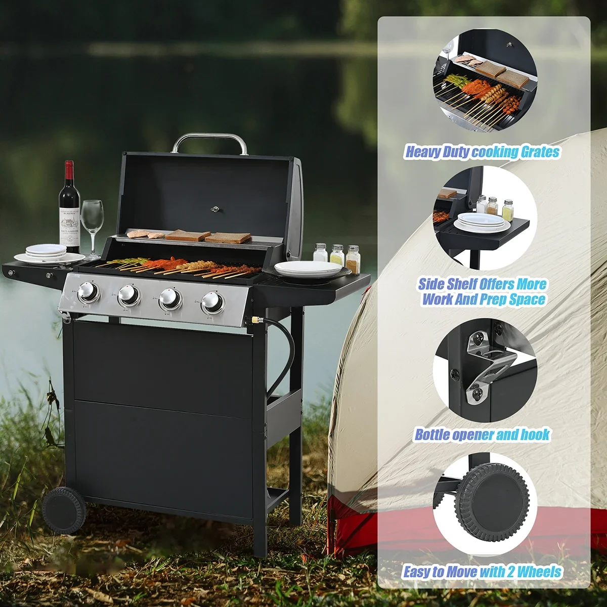 Propane Gas 4 Burner Barbecue Grill, Stainless Steel 34,000 BTU Patio Garden Barbecue Grill with Two Shelves, Lid, Wheels and Bottle Opener