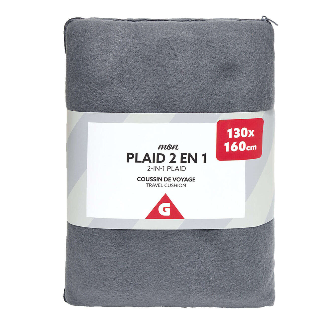 Plaid polaire gris 130x160cm 2en1 avec fermeture pour coussin