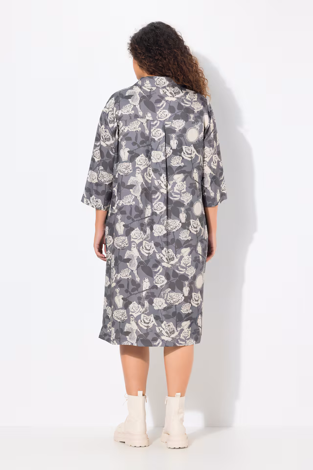 Rose Print 3/4 Sleeve Button Down Shirt Dress