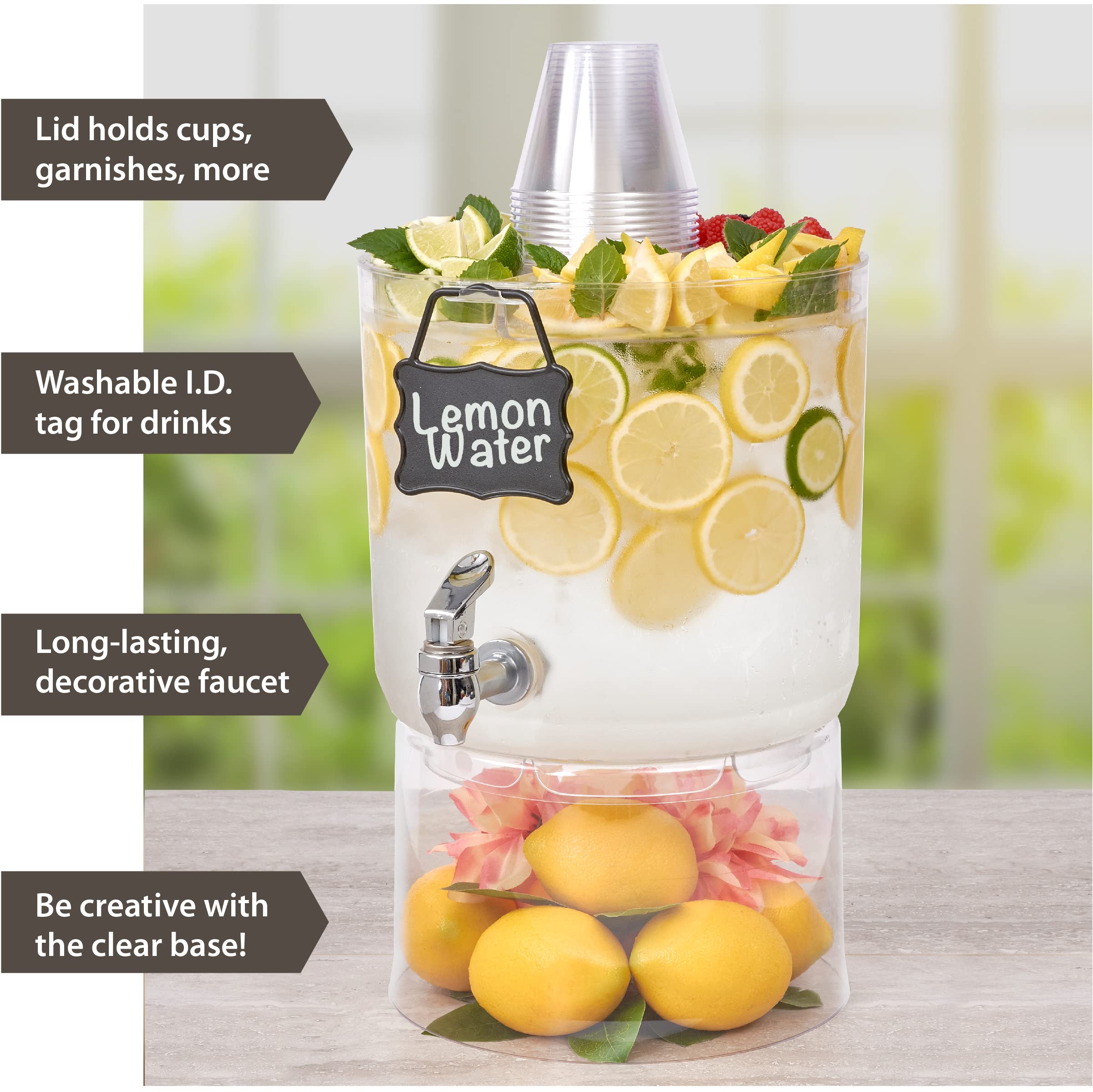Durable 2 Gallon Beverage Dispenser with Stand - Stackable Drink Server for Parties - Includes Party Top Lid and Chalk board Tag
