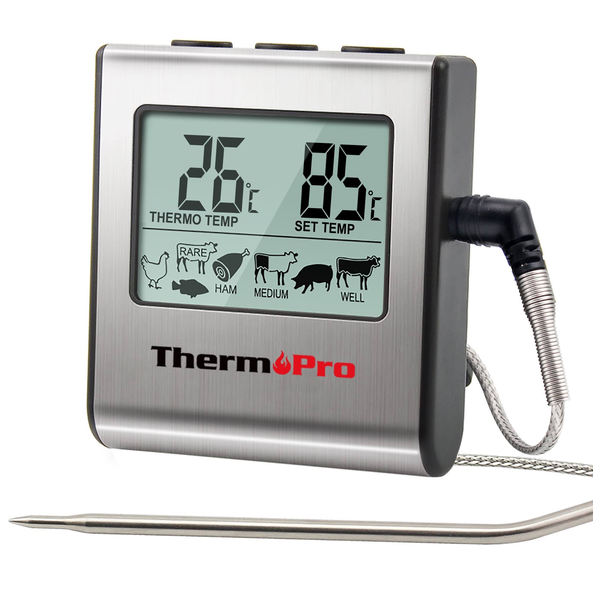 ThermoPro TP16 Grilling, Oven, Cooking, Barbecue, Meat Thermometer with Stainless Steel Step-Down Probe and Built in Countdown Timer with Alarm
