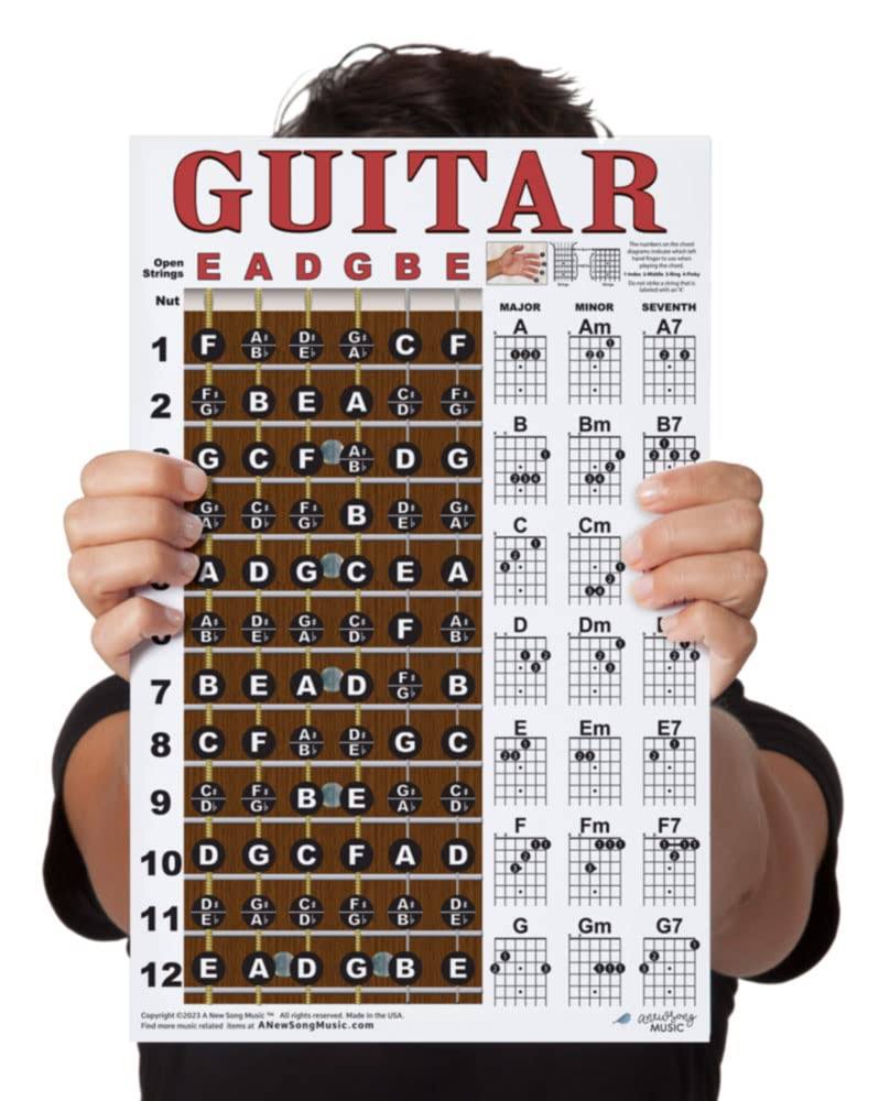 A New Song Music Laminated Guitar Chord & Fretboard Note Chart Instructional Easy Poster for Beginners Chords & Notes 11