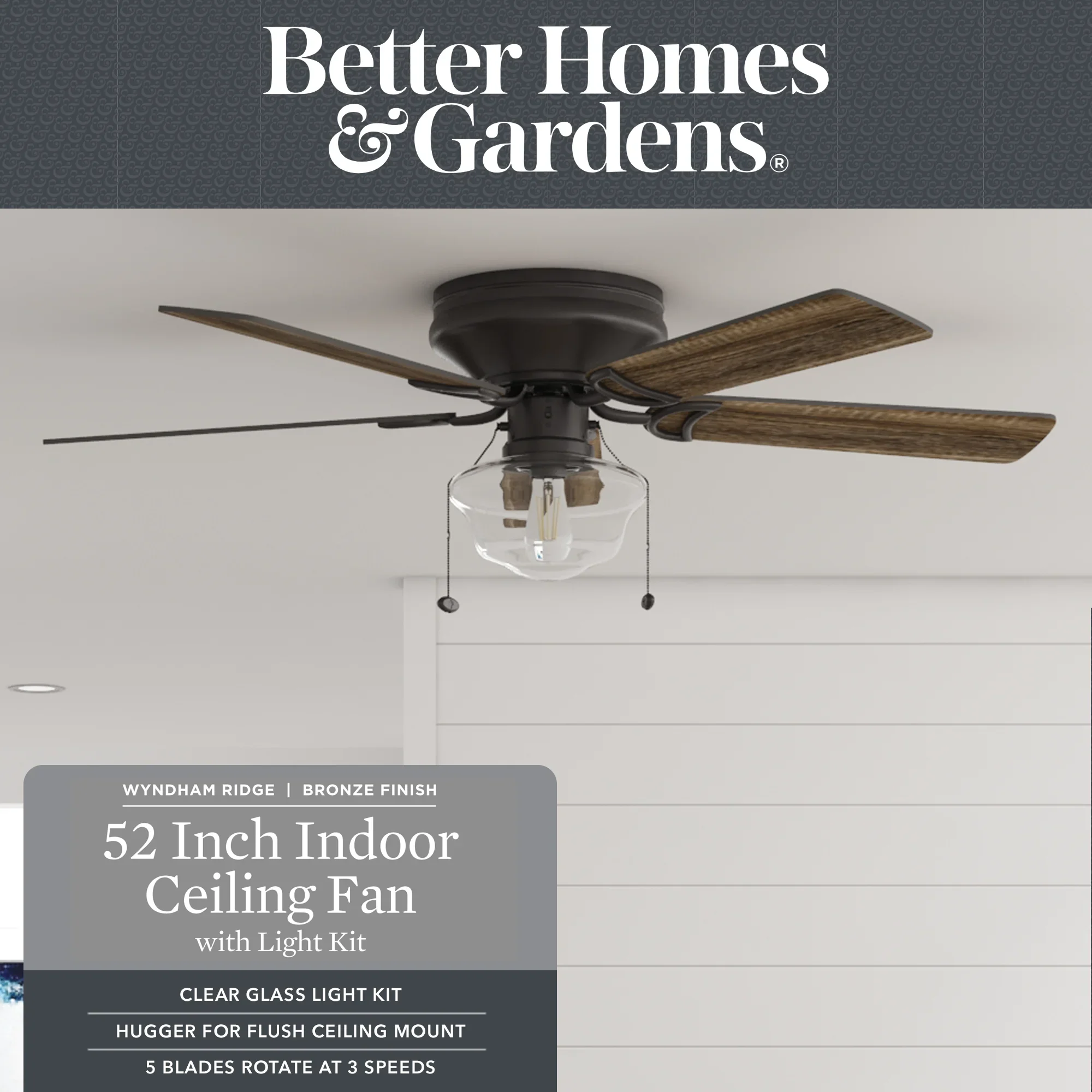 Better Homes & Gardens Wyndham 52 Bronze Ceiling Fan with Light, 5 Blades, Pull Chains & Reverse Airflow