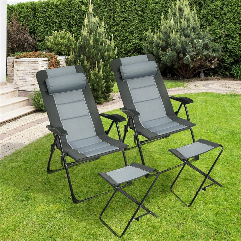 Ensemble de 4 fauteuils de jardin pliants inclinables avec 2 repose-pieds, chaise de camping extérieure avec dossier et appui-tête réglables en 7 positions et sac de rangement en filet