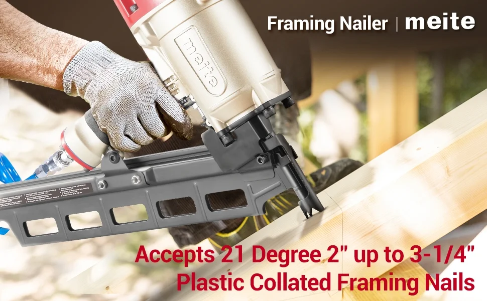 Meite SN2183F Pneumatic Framing Nailer 21 Degree 2 to 3-1/4 Length Plastic Plastic Collated Round Head Framing Nail Gun