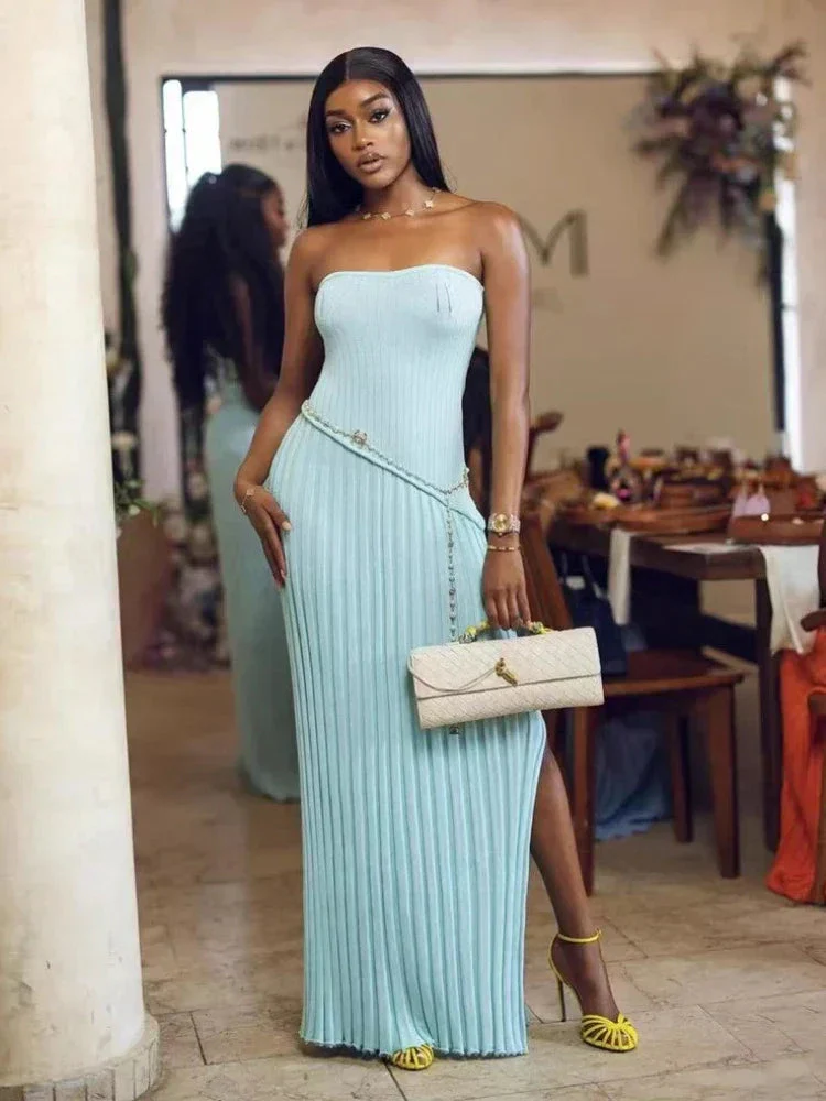 Robe longue bleue plissée sans bretelles pour femme