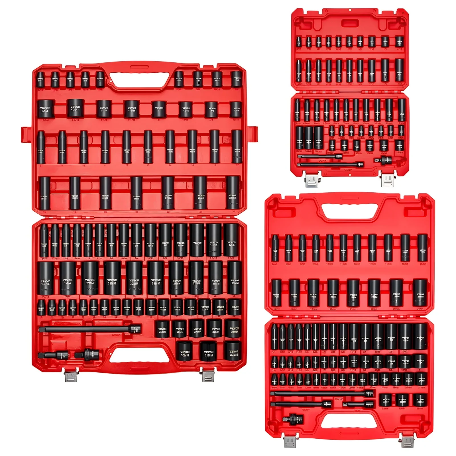 VEVOR 210-Piece 6-Point Impact Socket Set, 1/4, 3/8 and 1/2 Inch Drive, Deep/Shallow, SAE 3/16-1-1/4 In, Metric 4-32 mm