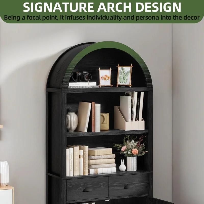 71 " Tall Bookshelf with Storage, Wooden Arched Bookcase with 2 Drawers and Shelves for Living Room, Black - Image 4