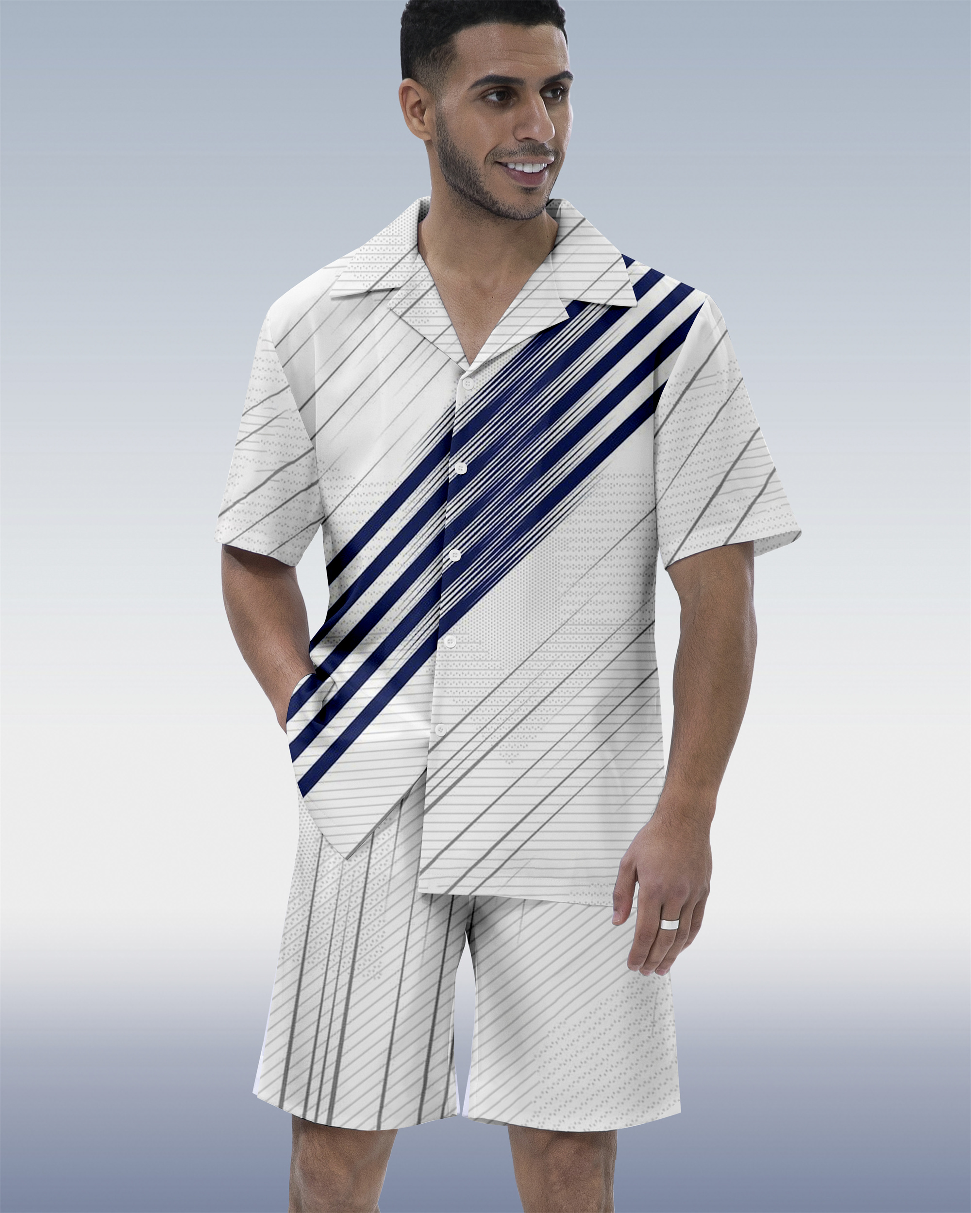 Ensemble chemise homme à manches courtes, col cubain, motif géométrique hawaïen colorblock 02