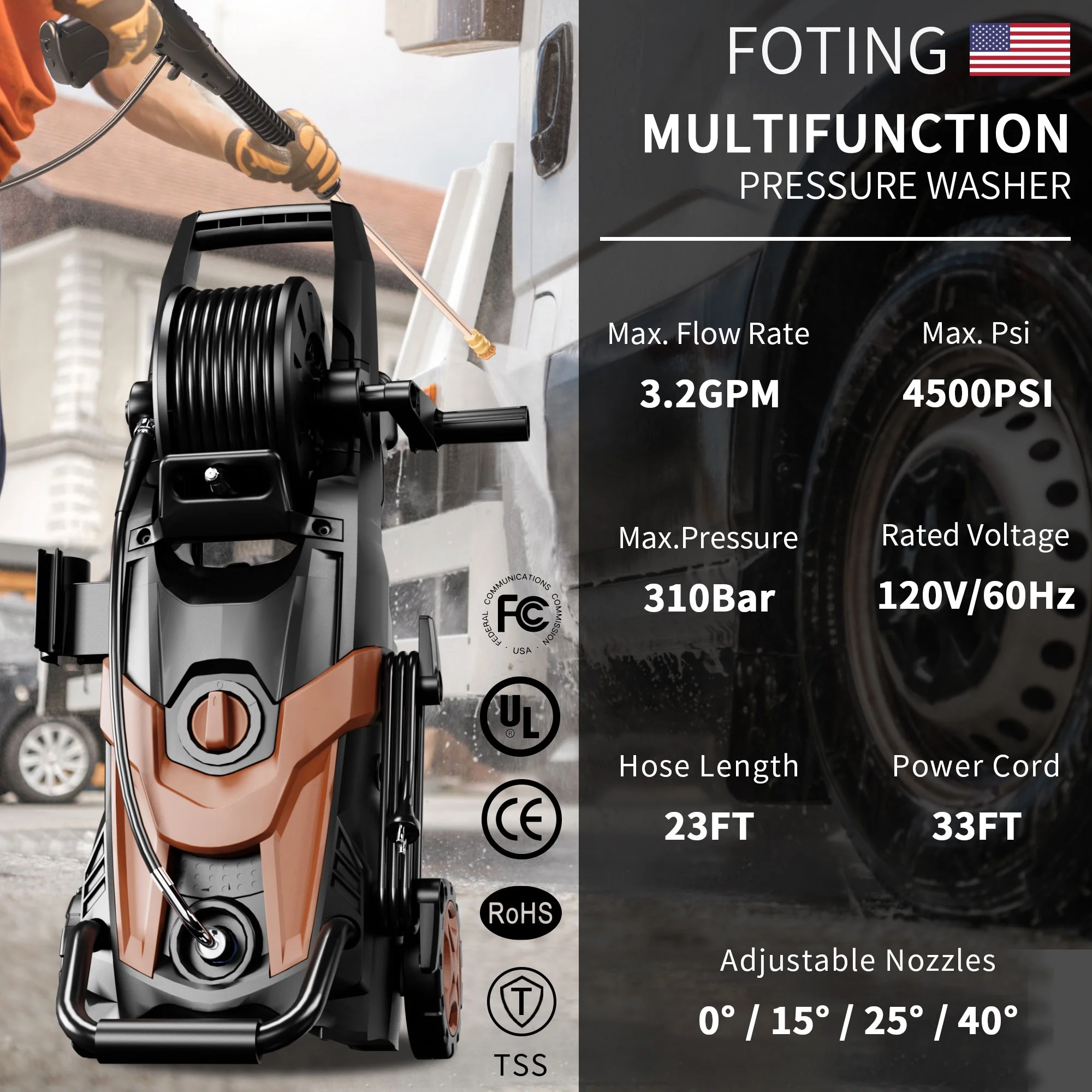 Electric Pressure Washer, 4500 PSI 3.2 GPM Power Washer with 4 Quick Connect Nozzles, High Pressure Cleaning Machine with Foam Cannon for Cars/Fences/Driveways/Patios/Home Cleaning(T3/Red) - Image 2