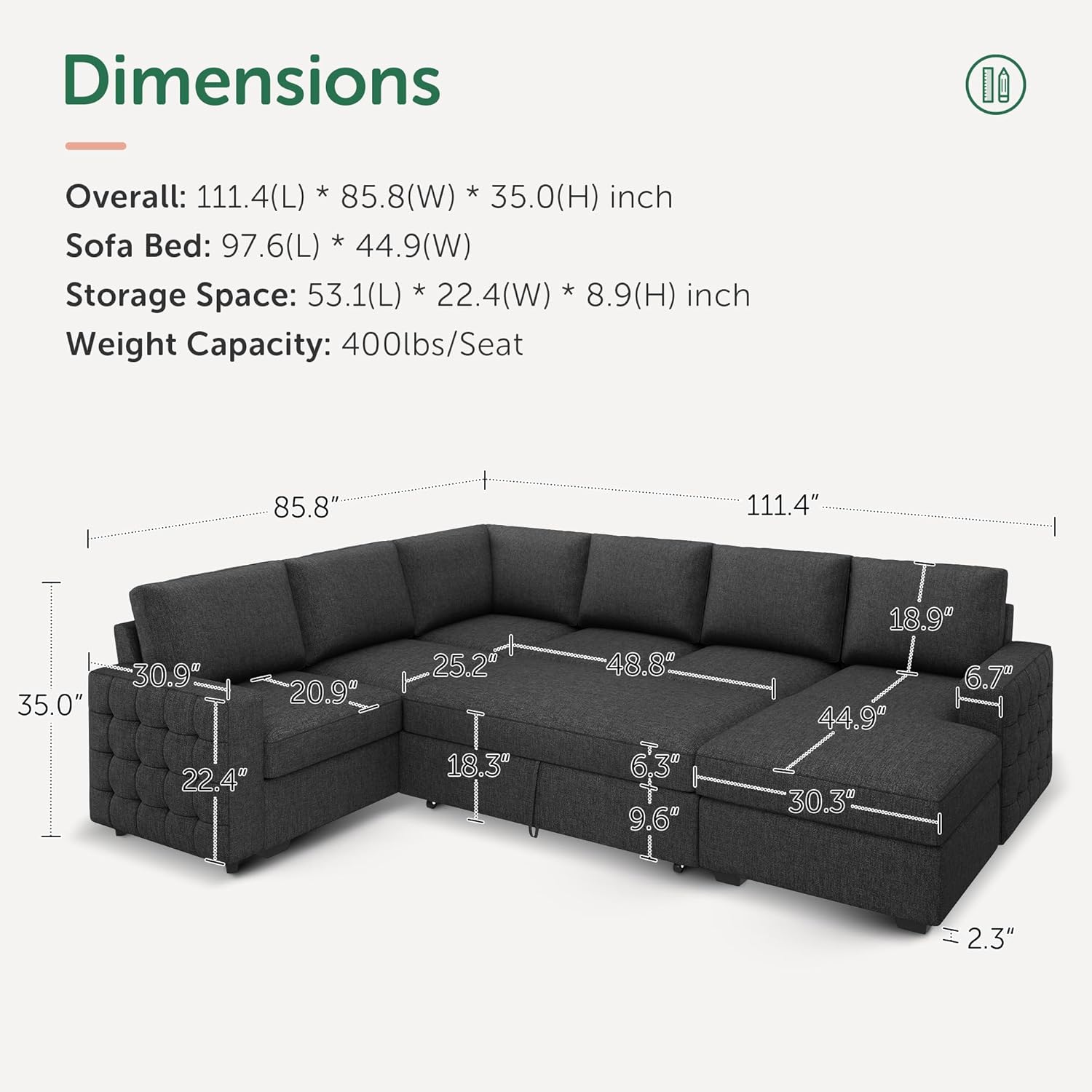 HONBAY Sectional Sleeper Sofa with Pull-Out Bed Storage Chaise, 6 Seater Couch for Living Room, Dark Grey