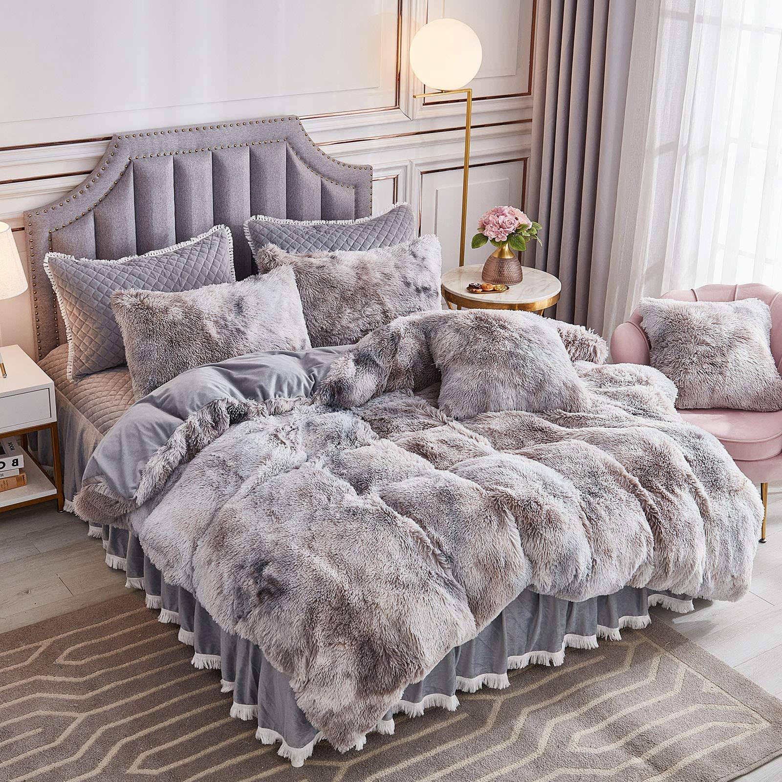 JAUXIO Luxury Abstract Faux Fur Bedding Set Tie Dye Printed Shaggy Duvet Cover with Pillow Shams Soft Crystal Velvet Reverse (Light Grey, Queen)