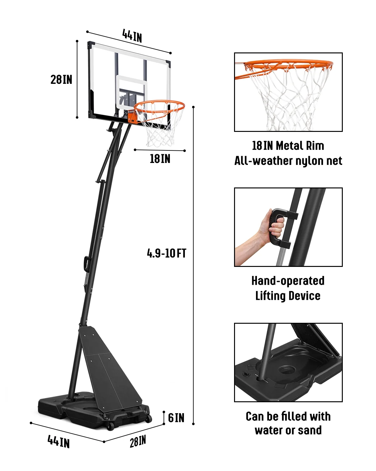 Basketball Hoop with 4 8 10 feet Height Adjustable for Kids/Adults, Portable Basketball Goal with 44 inch Backboard and 2 Wheels for Outdoor/Indoor Sports(Black) Image 5