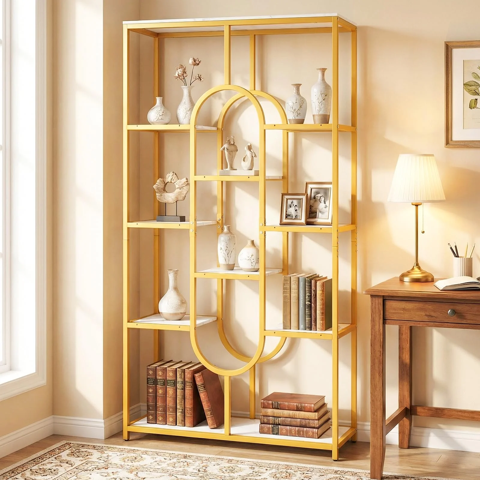 Tangkula 5-Tier Geometric Bookshelf 69”H Tall Freestanding Open Bookcase Modern Luxurious Display Rack