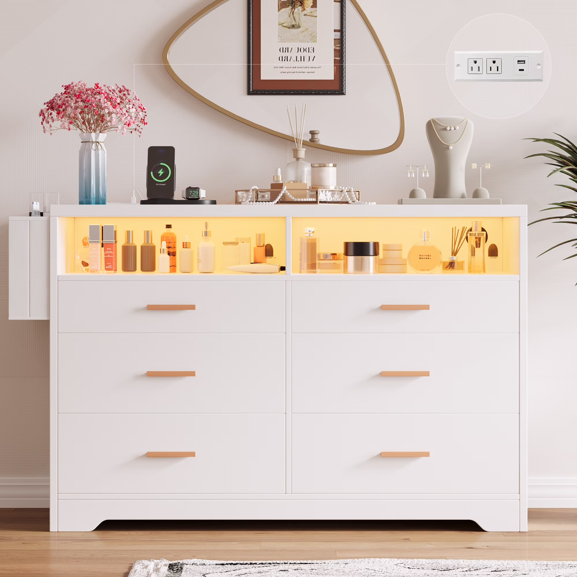 White Dresser for Bedroom, 6 Drawers Dresserwith LED Lights and Charging Station, 47