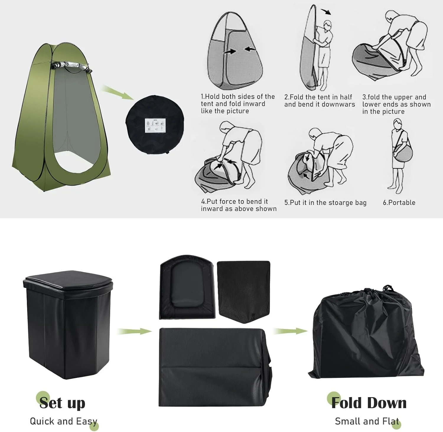 Portable Camping Toilet Kit for Adults, X Large Pop-Up Privacy Tent with Folding Toilet and Outdoor Shower Facilities(Green) - Image 8