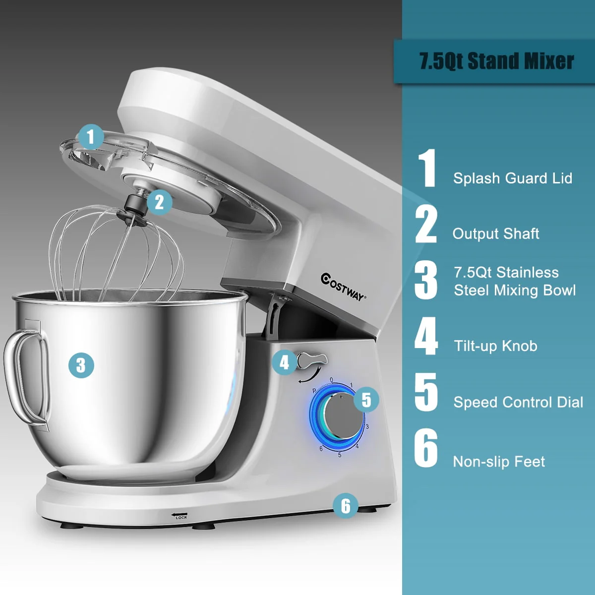 Costway Tilt - Head Stand Mixer 7.5 Qt 6 Speed 660W with Dough Hook, Whisk & Beater Silver