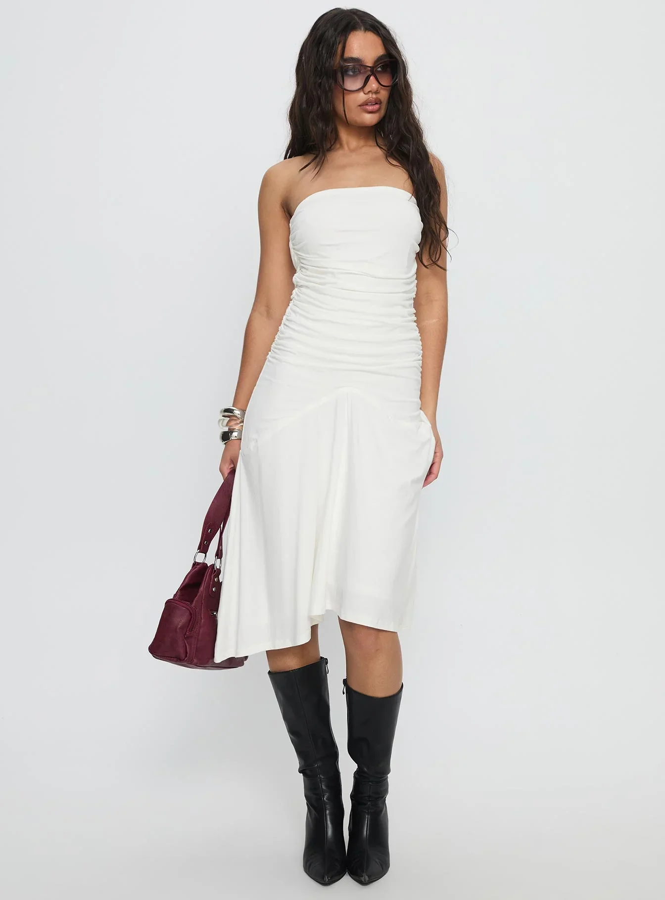Rienna Strapless Asymmetrical Midi Dress White