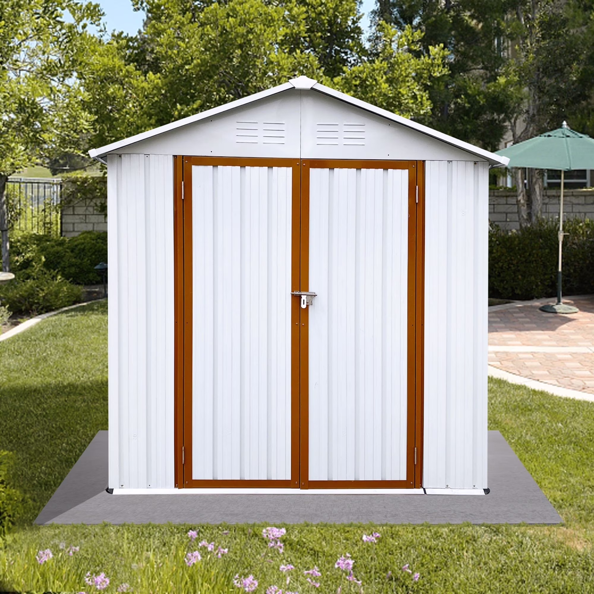 5��4 FT Outdoor Storage shed, Metal Shed with Sloping Roof and Lockable Door, Tool Shed for Bike, Toys, Backyard, Garden, Patio, White